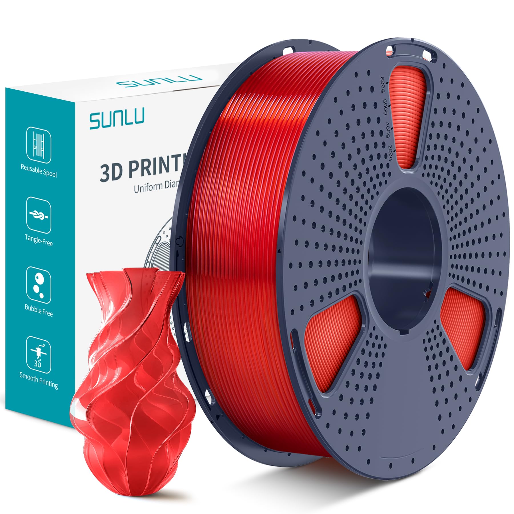 SUNLU PLA Plus filamento per stampante 3D, Filamento PLA+ 1.75 mm, Resistenza migliorata Compatibile con stampanti 3D, Precisione dimensionale +/- 0.02mm, Bobina da 1kg (2,2LBS), Rosso Trasparente