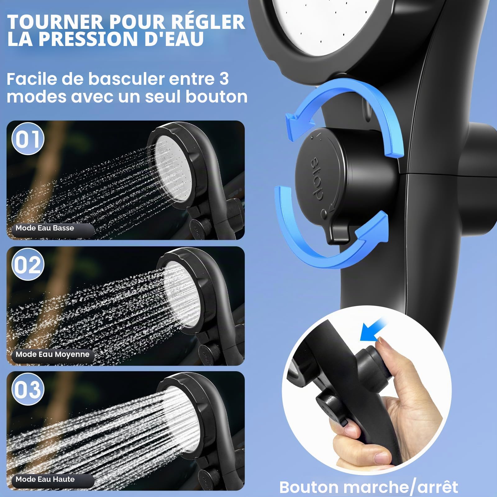 Douche portable avec chauffage, douche portable pour camping avec chauffage automatique de 2000 W, 4 modes de pulvérisation, durée de 140 minutes, affichage LED, pompe de douche portable, douche