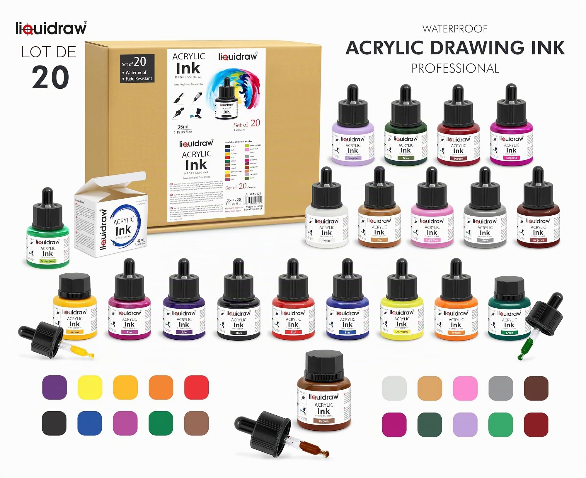 Liquidraw Encre à dessin acrylique – 20 couleurs assorties | Flacons de 35 ml avec compte-gouttes | Convient pour la peinture, l'art, le dessin et le design | Pour les professionnels, les artistes