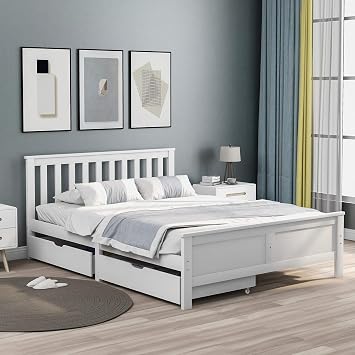 Merax 4FT6 Double Bed Frame with 2 Underbed Drawers, Solid Pine Wood Double Bed with Storage, Headboard Lattice Pattern Design, Guest Bed for Adults, Kids, Teenagers, White, 135x190cm