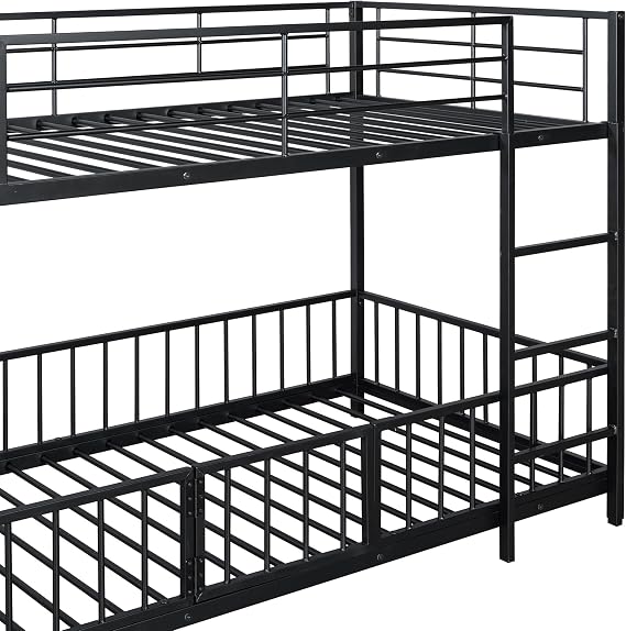 Bellemave Twin Over Twin Bunk Bed with Slide and Ladder, Metal Low Bunk Bed for Kids, Girls, Boys, Removable Fence, with Door, Black
