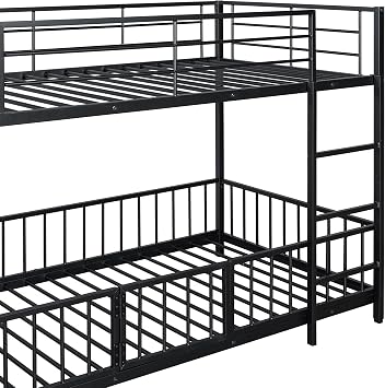 Bellemave Twin Over Twin Bunk Bed with Slide and Ladder, Metal Low Bunk Bed for Kids, Girls, Boys, Removable Fence, with Door, Black