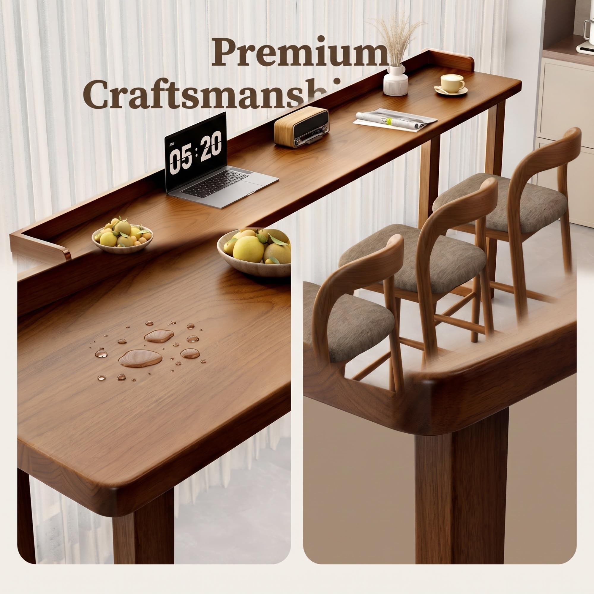 Tavolo da Bar Alto in Legno Massello, Tavolo Cucina Salvaspazio | Con Bordo Anticaduta, Design Salvaspazio, Facile da Pulire, Stabile e Robusto(180x40x105cm)