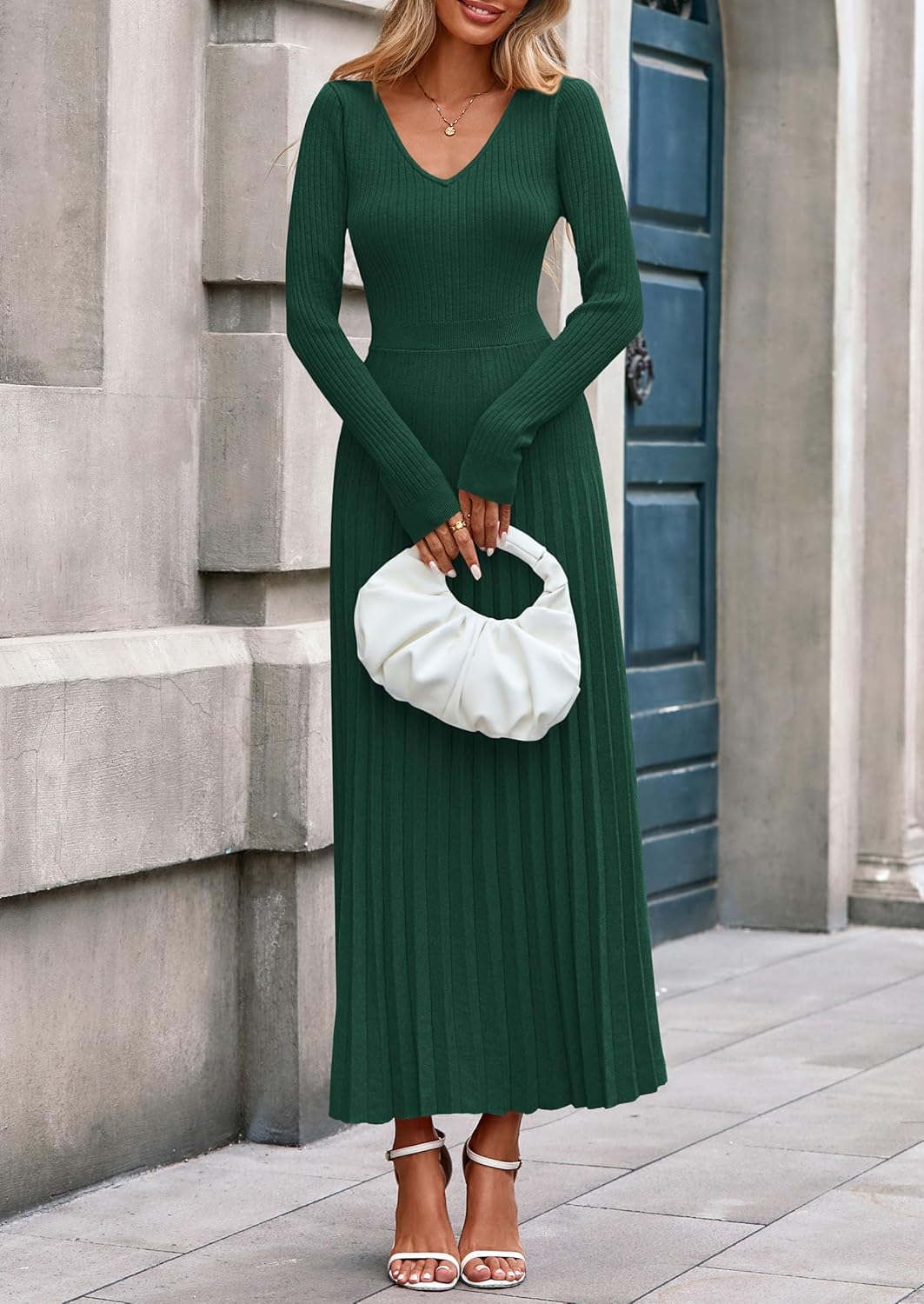 PRETTYGARDEN Women Sweater Dress Fall Fashion 2026 Long Sleeve V Neck Ribbed Knit Pleated A Line Elegant Maxi Winter Dresses - Image 4
