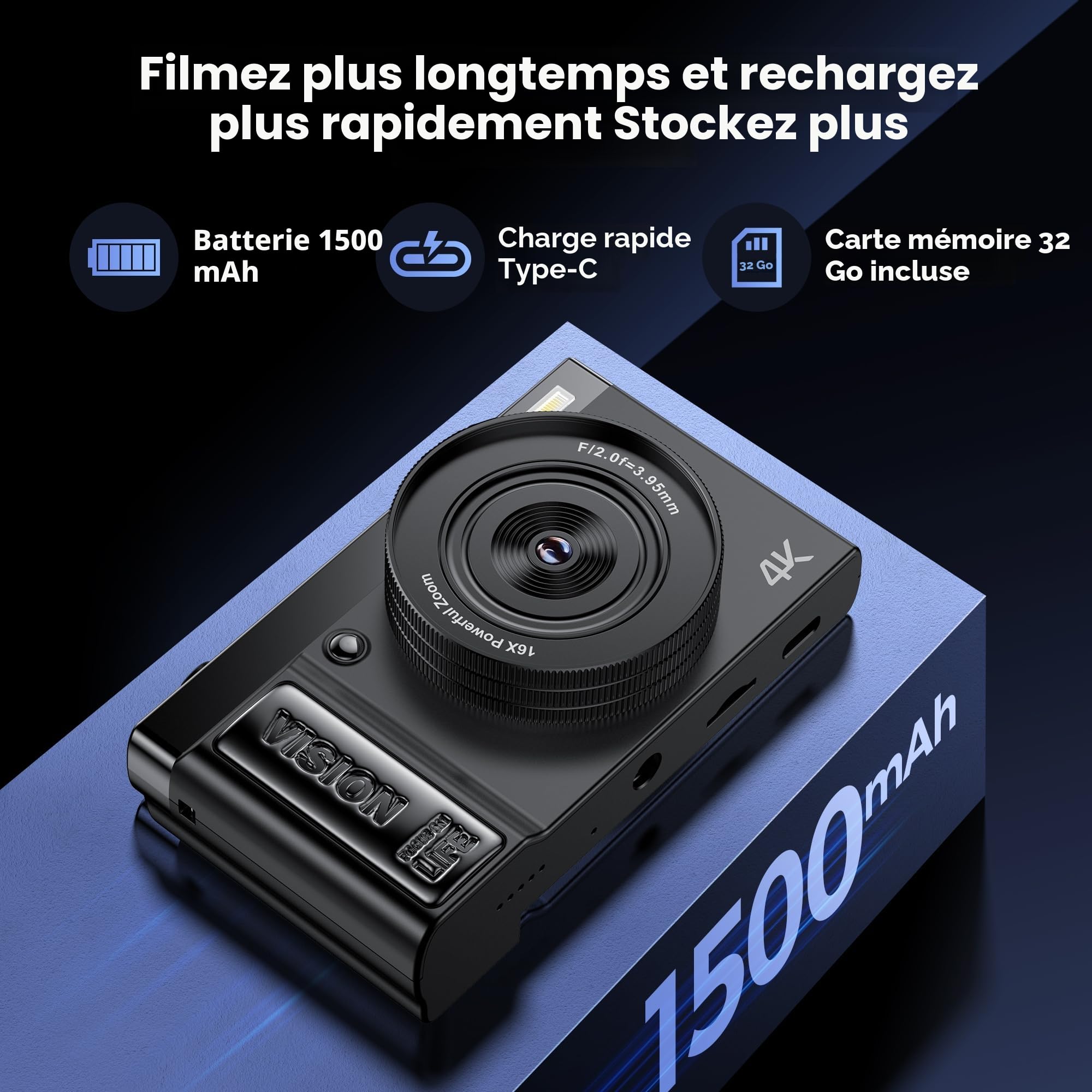 Appareil Photo Numérique 4K Digital: 64MP Appareils Numérique avec Écran Rabattable 180° - Camera pour Vlog avec Carte 32GB - pour Adolescents Débutants Adultes Enfant Noir YYZA9
