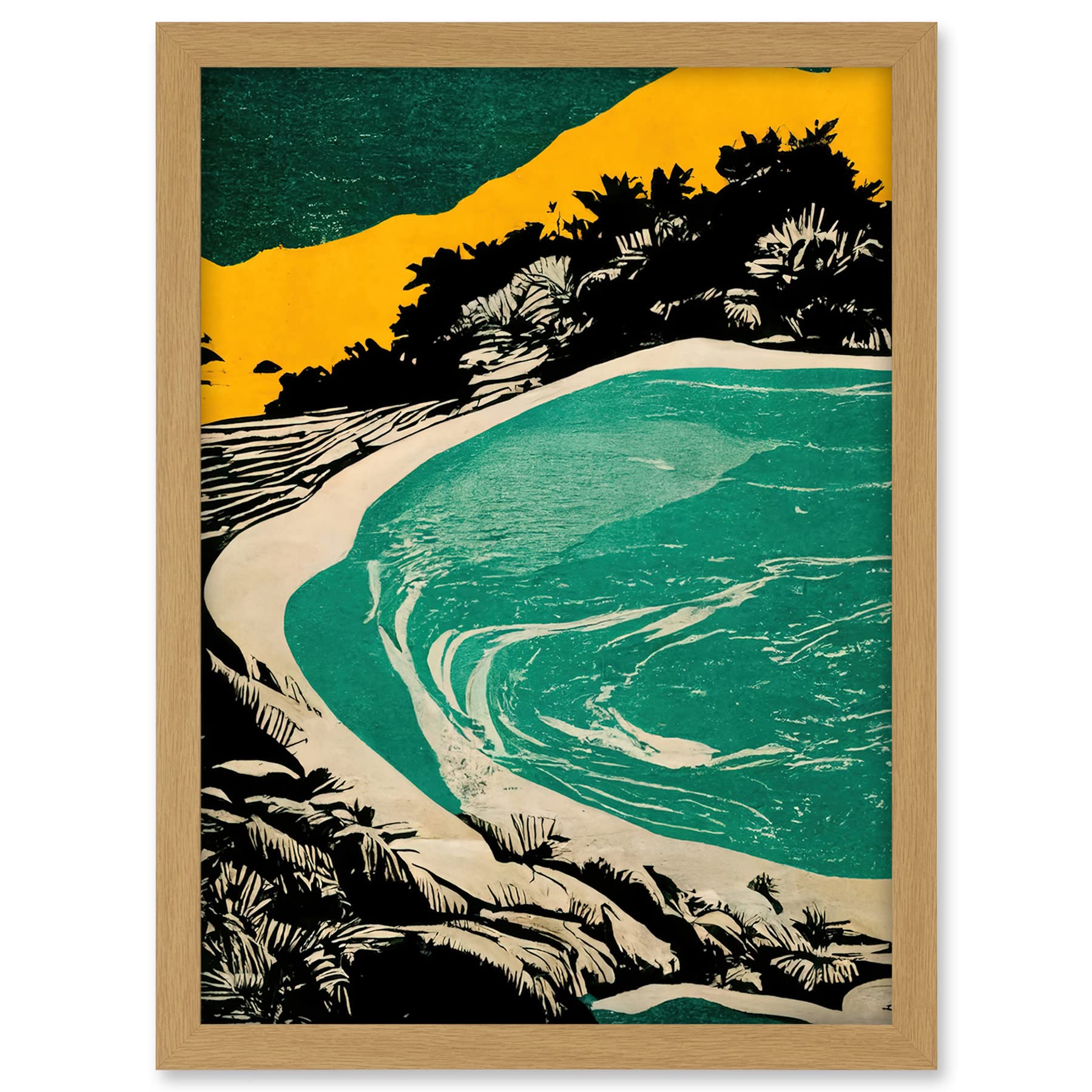 Wee Blue Coo Beach Lagoon Abstract Marbled Seascape Mustard Teal Artwork Framed A3 Wall Art Print