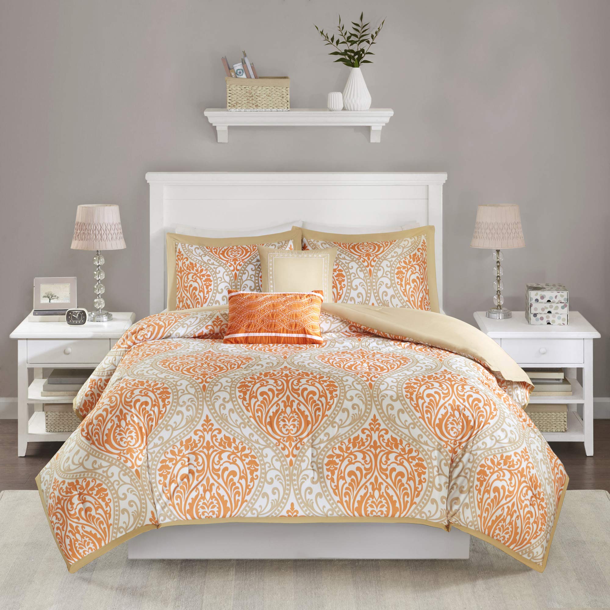 Intelligent DesignSenna Comforter Set King/Cal King Size - Orange/Taupe, Damask – 5 Piece Bed Sets – Ultra Soft - All Season Comforter Set Bedding