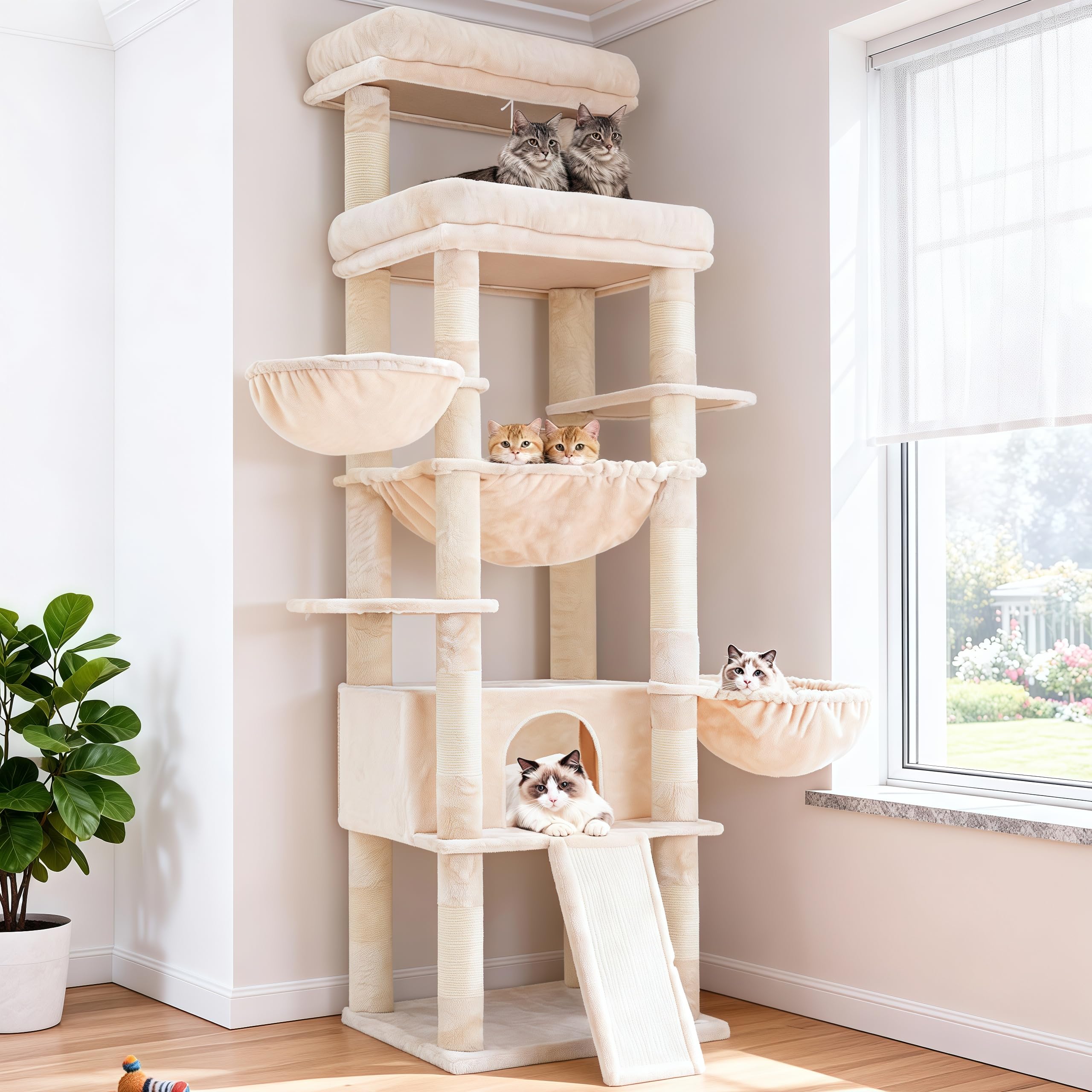 Hey-brother Tiragraffi per Gatti, con Amaca, Cuccia, 2 Piattaforme, MPJ80M | 180cm Albero per Gatti, 2 Ceste, Rampa graffiante, Pompon, Ideale per più gatti da interno, Beige