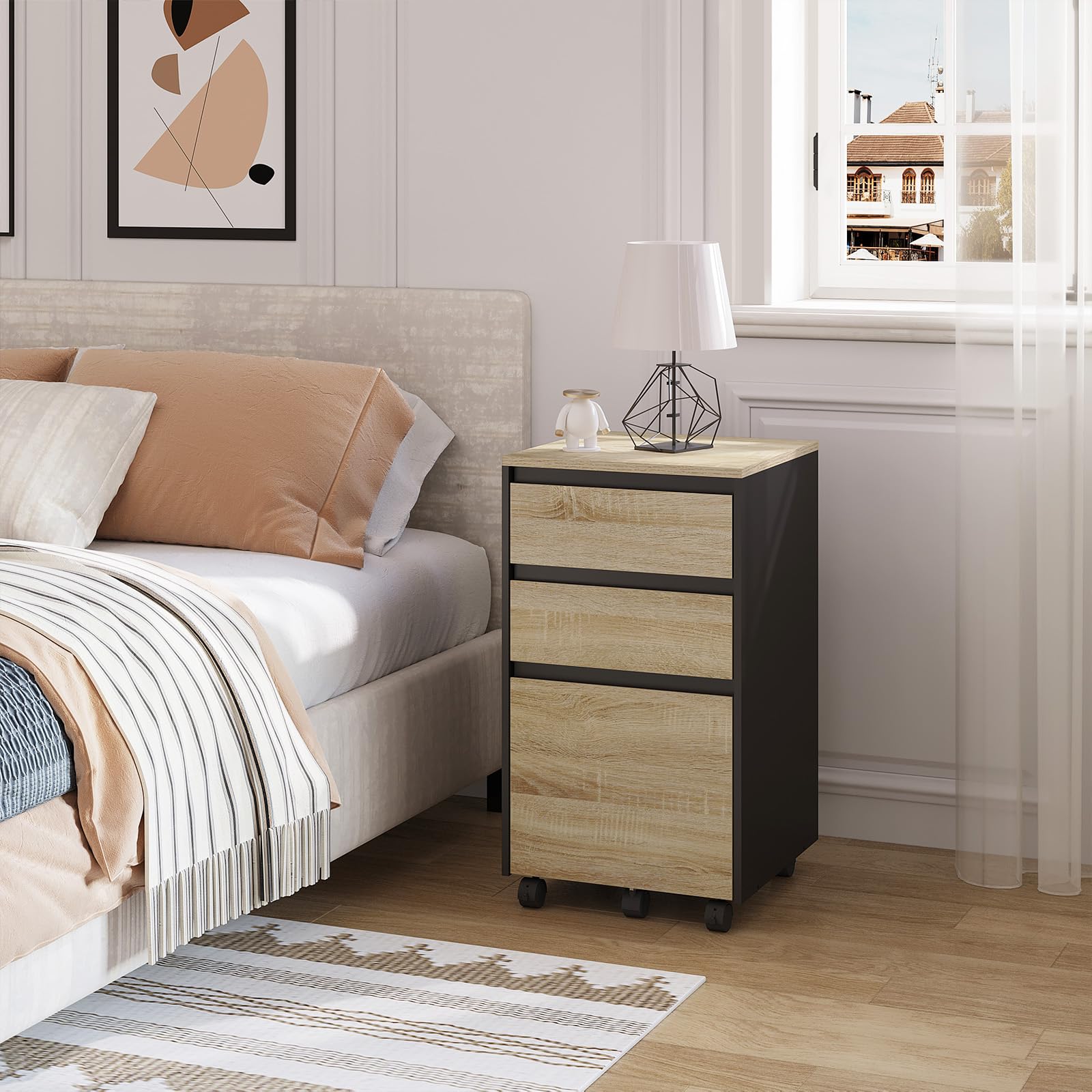 WOLTU mobiler Aktenschrank, Schrank für Aktenordner, Aufbewahrungsschrank im Büro, Büroschrank mit Rollen, Rollcontainer mit 3 Schubladen, helle Eiche schwarz, 40x71.5x40cm, ASK01hei