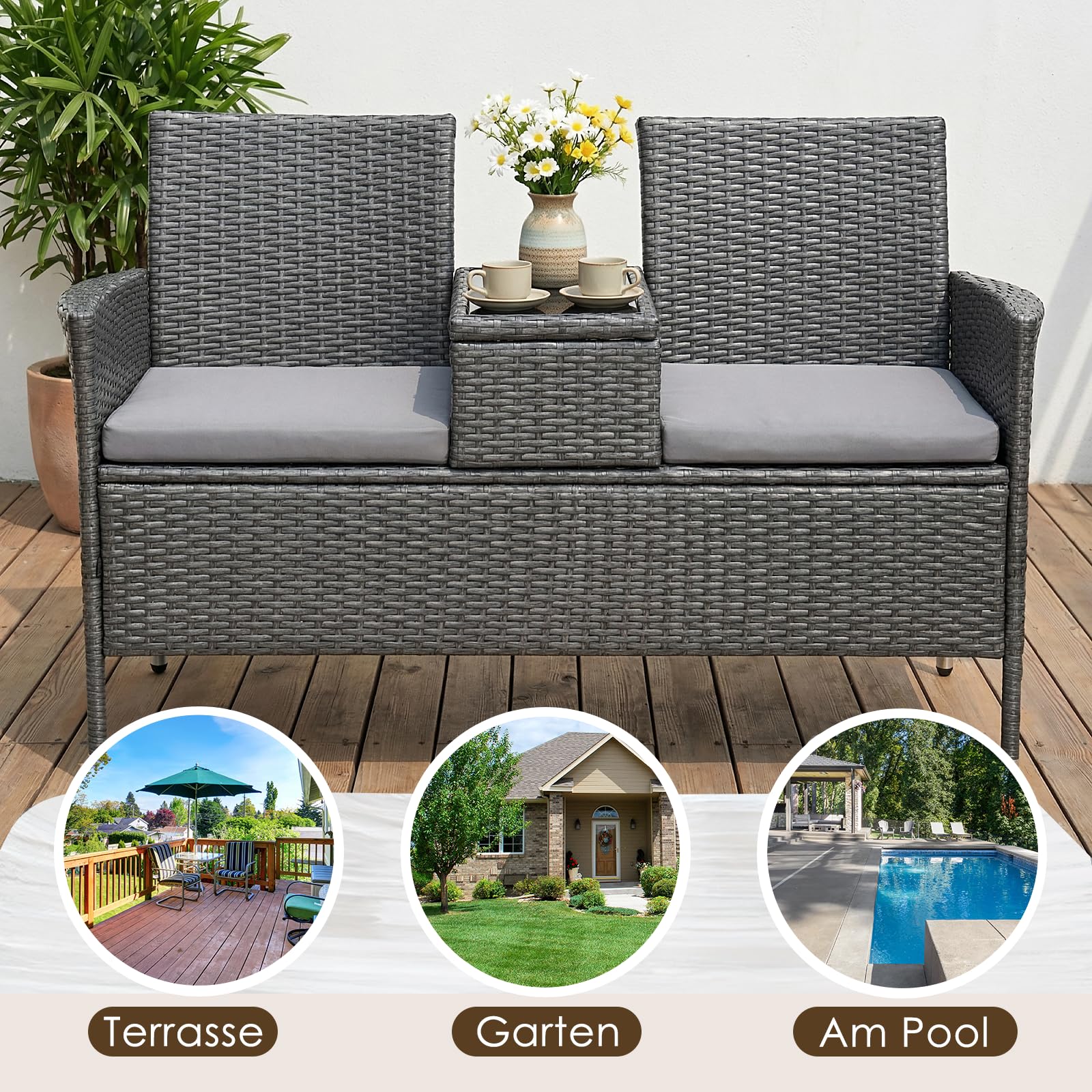TLSUNNY Banc de Jardin 2 Places en Rotin, Salon Balcon avec Coussins