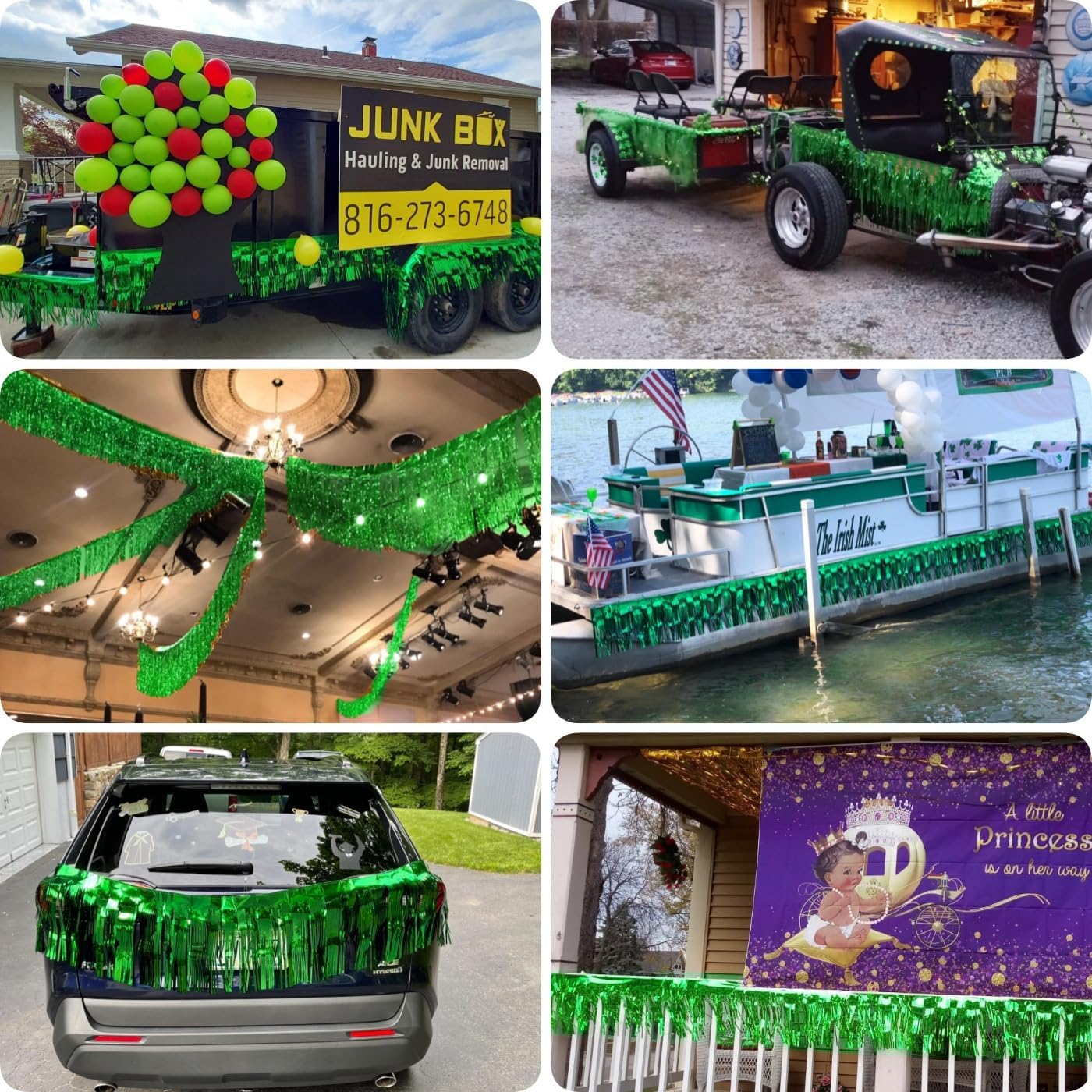 3 Pack Total 30 Feet Green Foil Fringe Garland Metallic Wall Hanging Drapes Tassel Skirting Tinsel Streamers Decorations for Parade Float Trailer Mardi Gras Party Birthday St. Patrick's Day