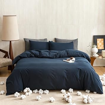 KAREVER Washed Cotton Duvet Cover Solid Navy Blue 100% Cotton Comforter Cover 3 Pieces Twin Size Duvet Cover Set