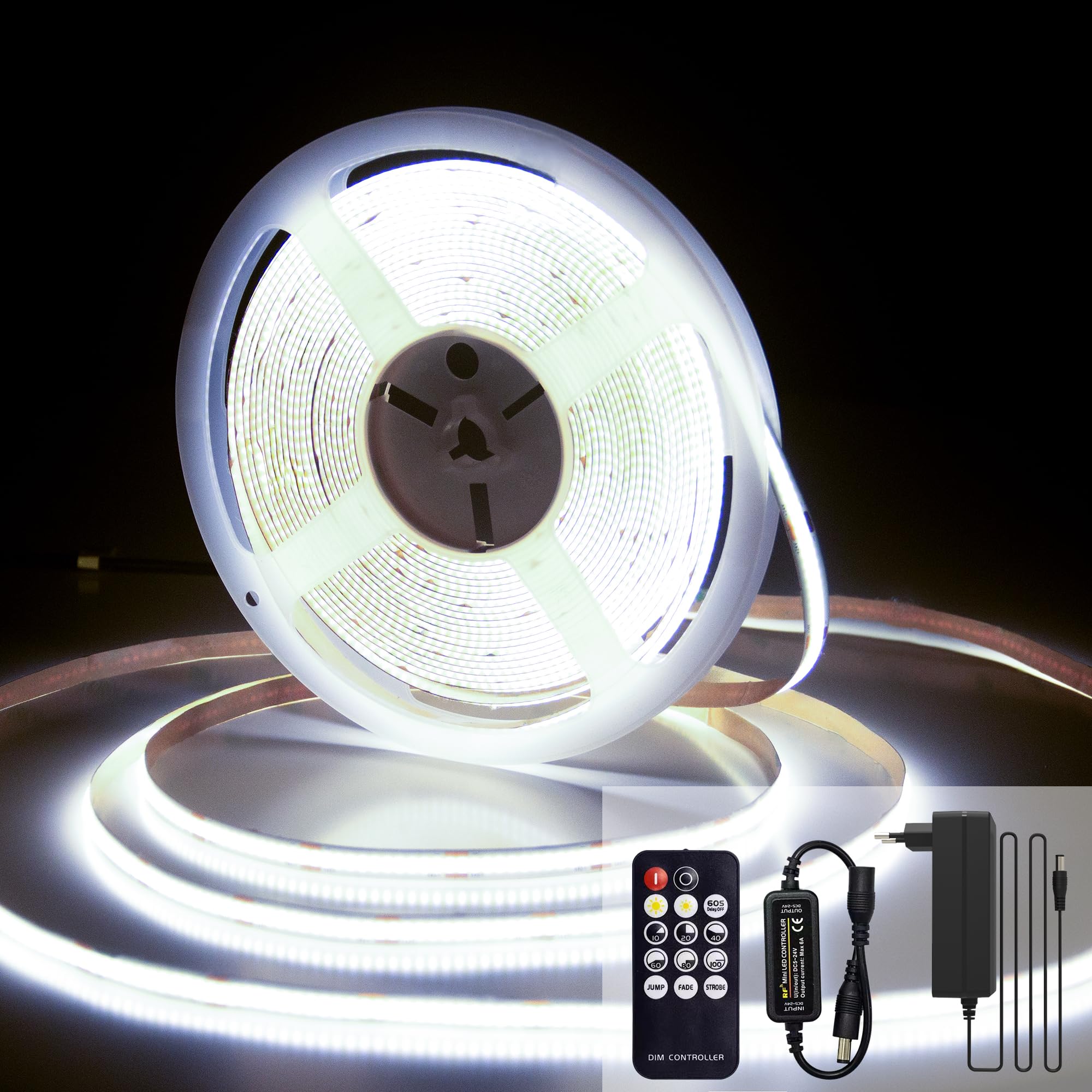 COB LED Strip 7.5 m, 6000 K Cool White LED Strip, 24 V Dimmable Light Strip, CRI92, 8 mm Width, with Remote Control and Power Supply, for Home Decoration, Kitchen, Mirror 6000k 7.5m