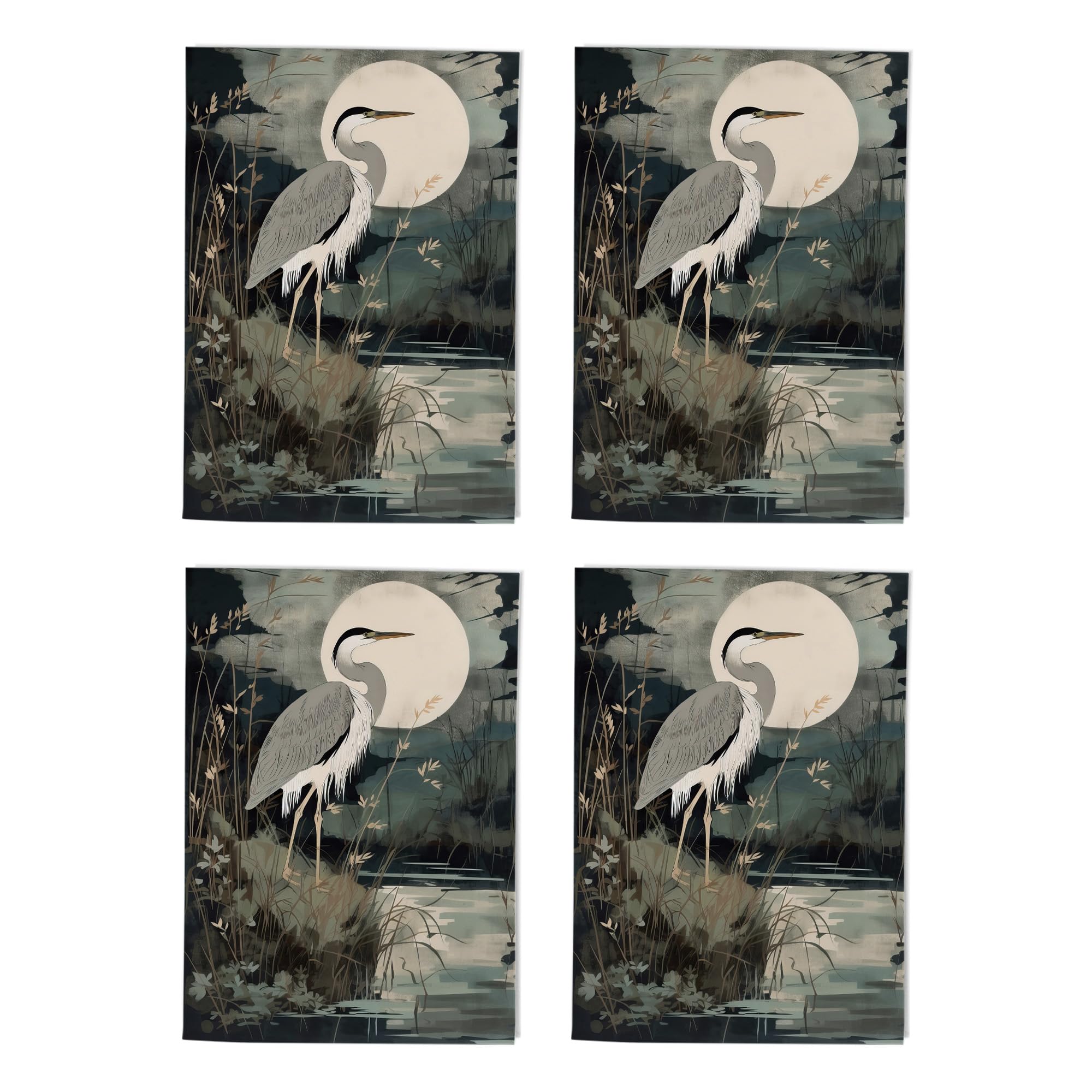 Moonlit Heron Art Cards Multipack of 4 Wildlife Nature Greeting Cards For Any Occasion Blank Inside A6 10 x 15 cm
