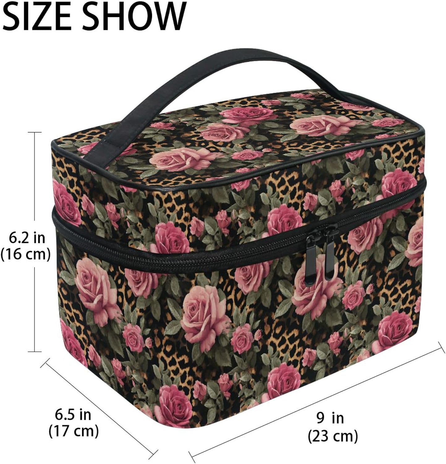 MNSRUU Makeup Bag, Roses On Pink Leopard Travel Makeup Organizer Bag Cosmetic Cases Toiletry Bags for Girl Women Ladies image 2