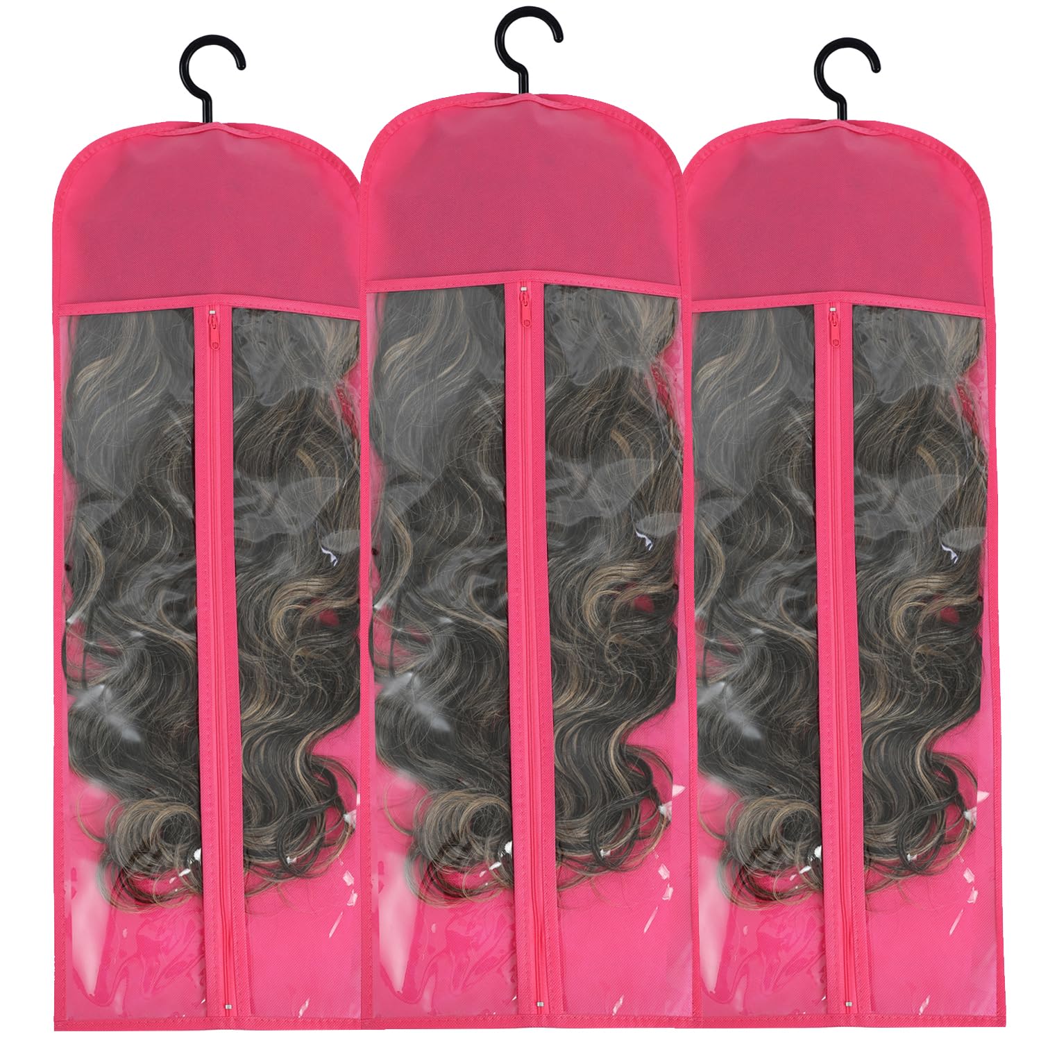 Hair Extension Holder 3Pcs Wig Storage Bags with Hanger, Wig Holder Wig Storage for Multiple Wigs, Breathable Dust-proof Extra Long Wig Bags for Hair Extensions & Accessories (Hot Pink) 31.5 Inch (Extra Long Size) 3Pcs Hot Pink