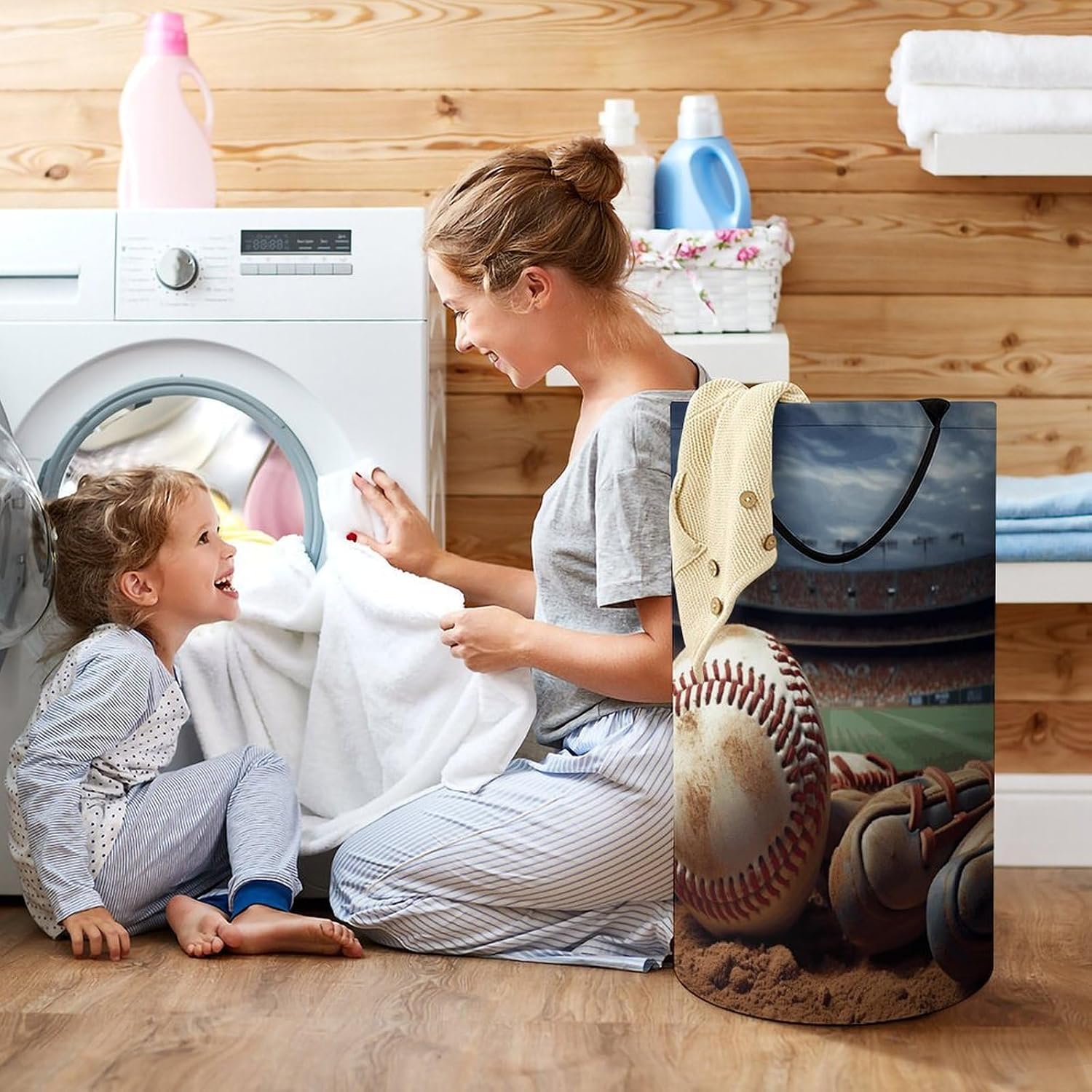 Large Laundry Hamper with Handles Baseball Laundry Basket Freestanding Waterproof Clothes Hamper for Living Room Bedroom Bathroom College Dorm