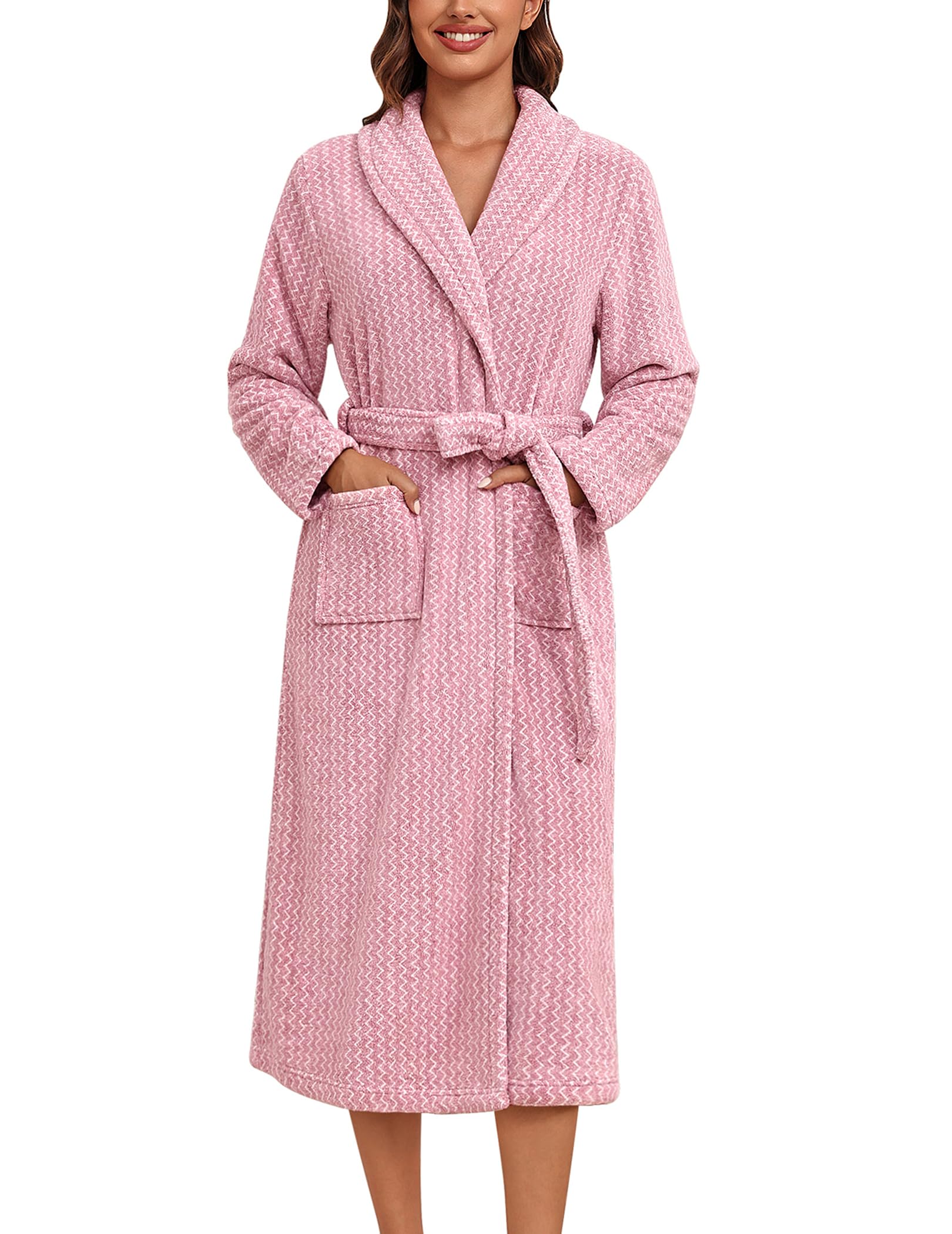 Ekouaer Womens Robe Long Plush Soft Bathrobe Cozy Warm Robes Shawl Collar Sleepwear with Pockets