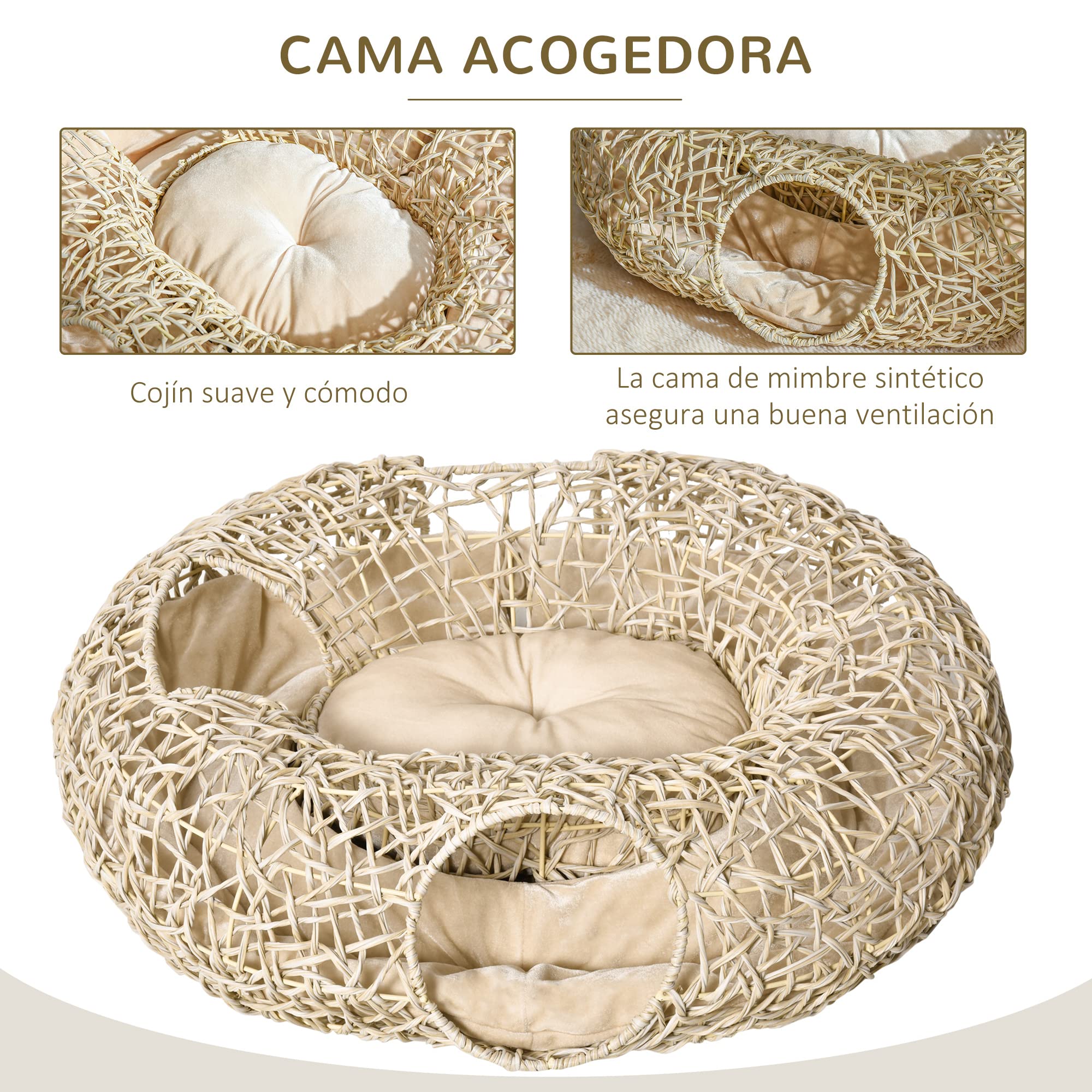 PawHut Cama de Ratán para Gatos 78x69x22 cm con Cojín Suave, 3 Orificios de Acceso y Túnel de Madera Natural