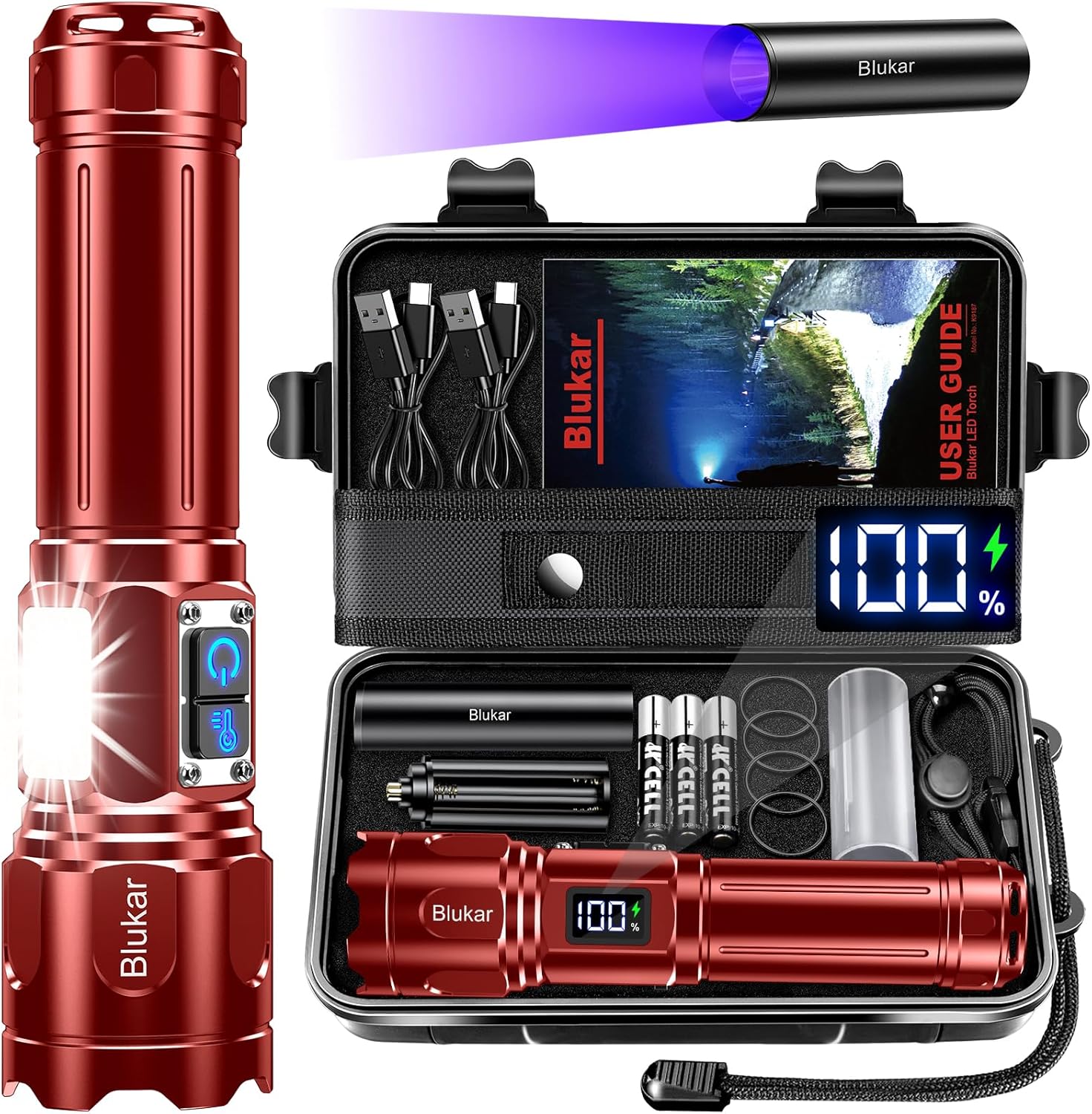 Blukar Flashlight Rechargeable, Dual Color Temps Super Bright Flash Light with COB Side Light, 7 Modes, Long-Lasting 5000mAh, Adjustable Focus, IP67 Waterproof for Camping, Power Cuts-Maroon Blukar Flashlight Rechargeable, Dual Color Temps Super Bright Flash Light with COB Side Light, 7 Modes, Long-Lasting 5000mAh, Adjustable Focus, IP67 Waterproof for Camping, Power Cuts-Maroon