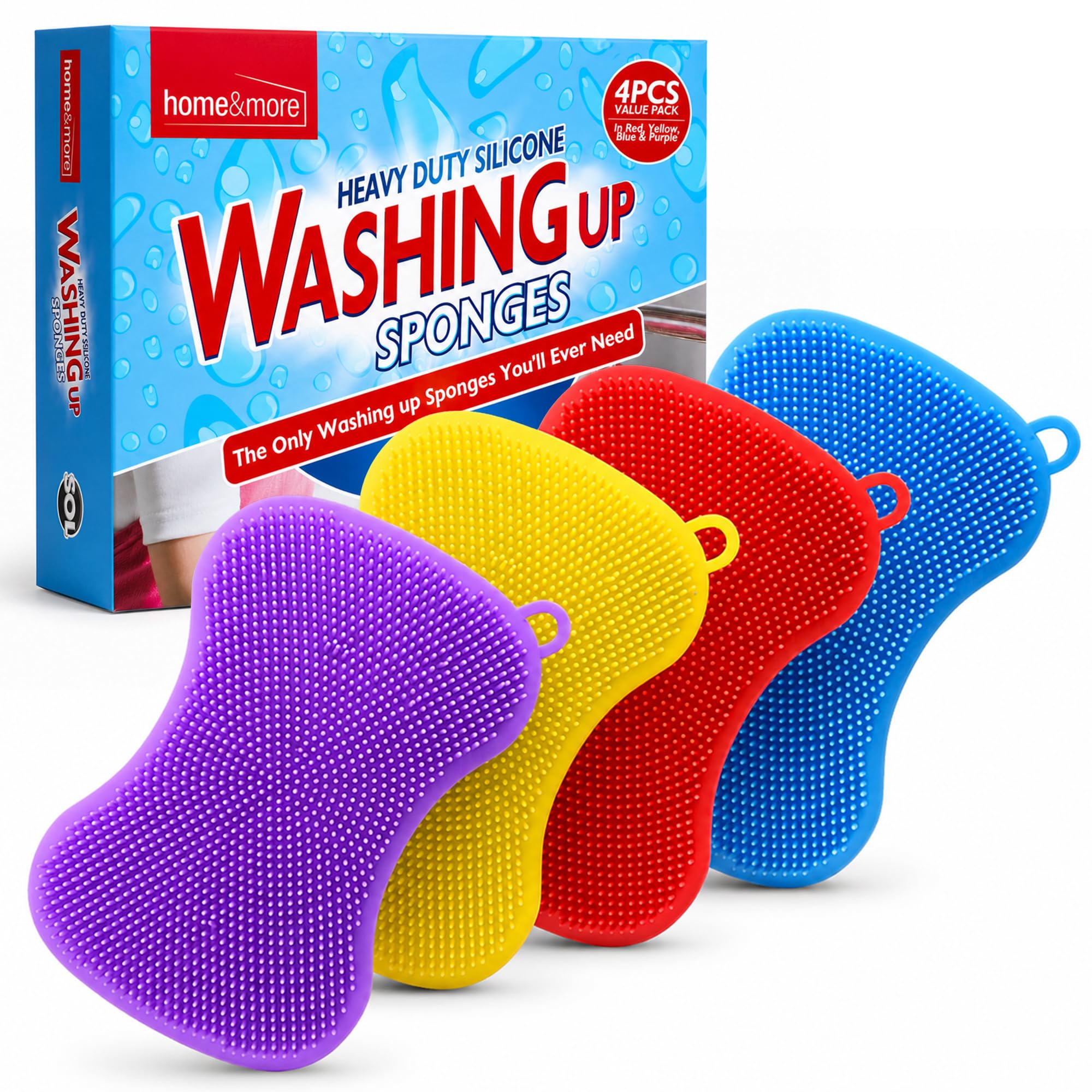 Sol 4Pk Silicone Dish Washing Up Sponge, Dish Sponge Non- Scratch For Kitchen, Reusable Kitchen Sponges For Cleaning Pots & Pans, Multicolour Washing Up