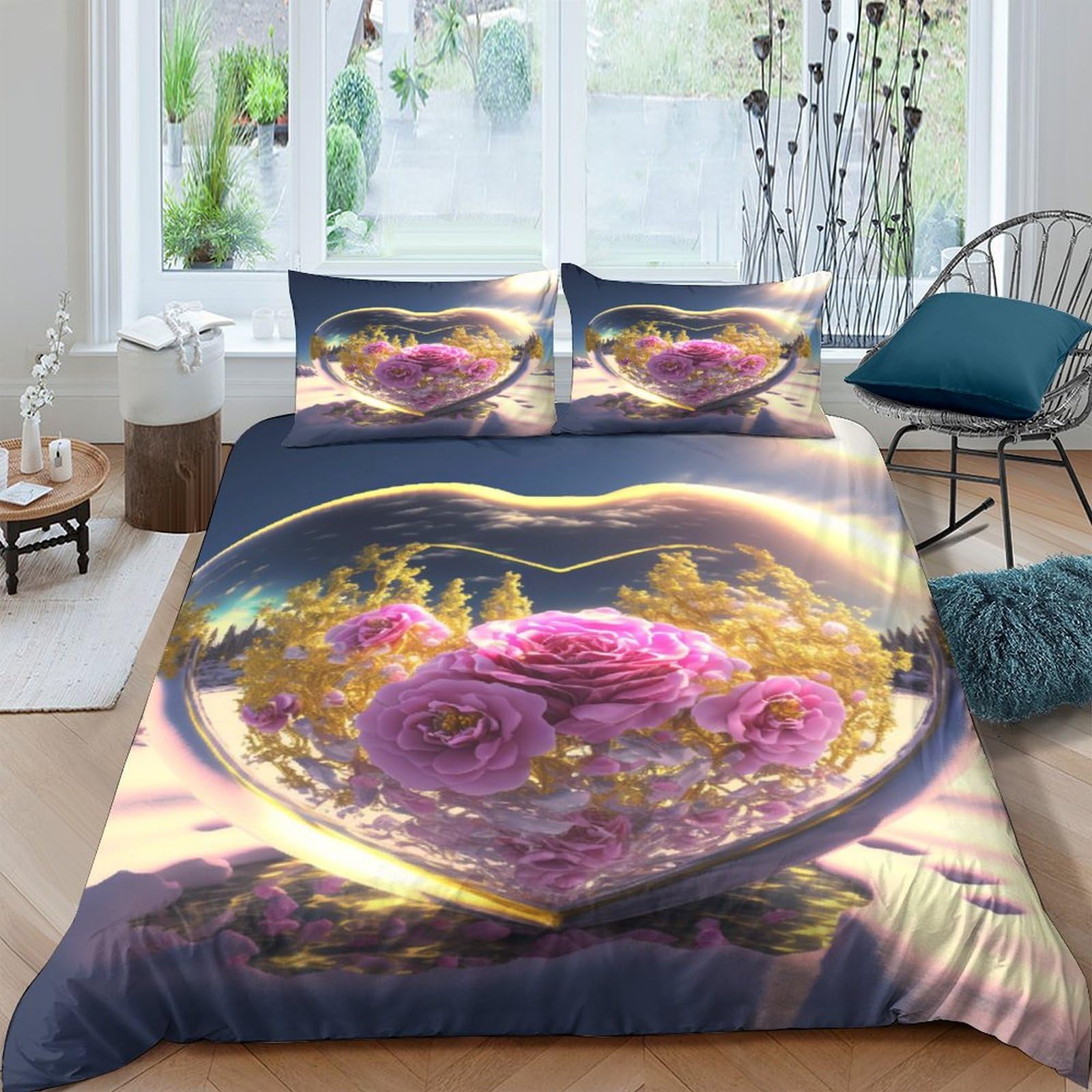 Housse de couette King 220x240cm anti-plis imprimé floral 3D géométrique avec taies