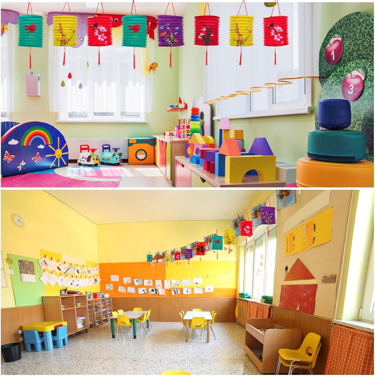 30 PCS Chinese Paper Lanterns with Lights - Flower Bird Design - DIY Accordion Lanterns - Middle Autumn Festival, Chinese New Year Decoration - Red, Yellow, Blue, Pink