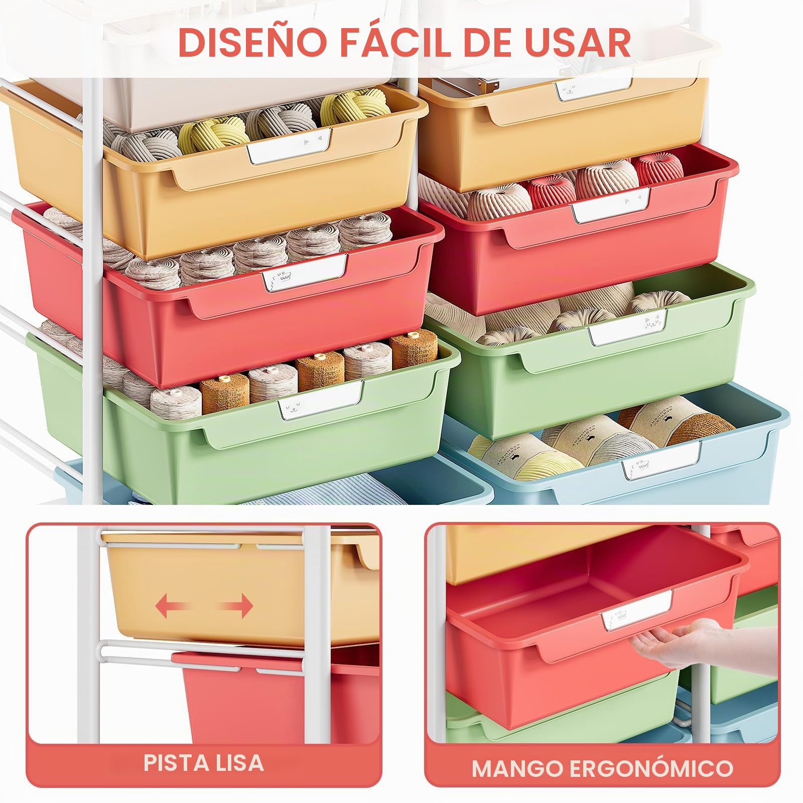 SYKIARIOL Carro de baño con 10 cajones y encimera de madera, multicolor | Carrito de manualidades con ruedas, estructura de acero, carrito de almacenamiento para baño, cocina, salón y dormitorio