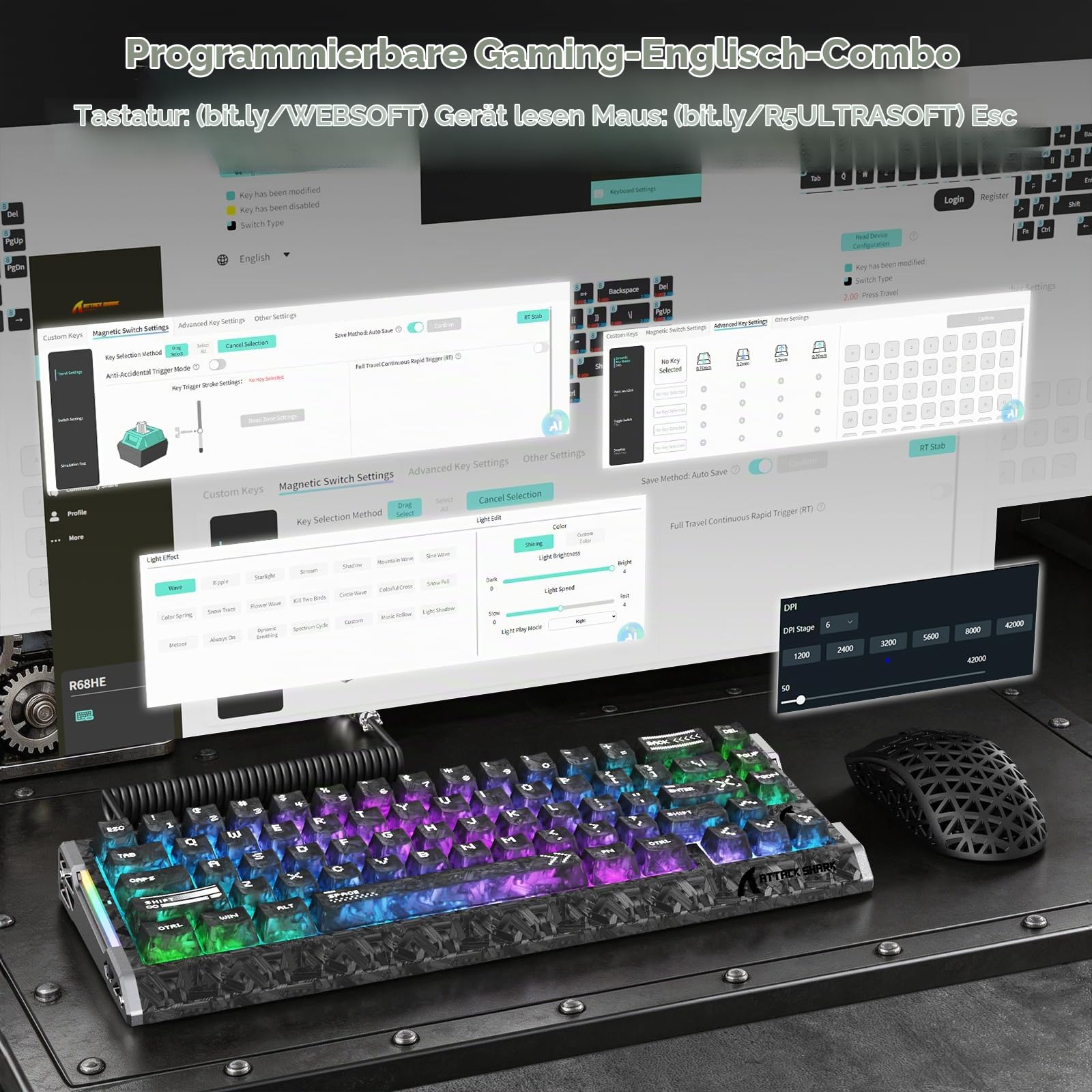 ATTACK SHARK R68 HE & R5 Ultra Carbon Tastatur und Maus Set,kabelgebundene 8000Hz-Tastatur mit Rapid Trigger und Spiralkabel, 0,005mm RT-Präzision, 39g leichte kabellose Maus, 42KDPI, Karbon Schwarz