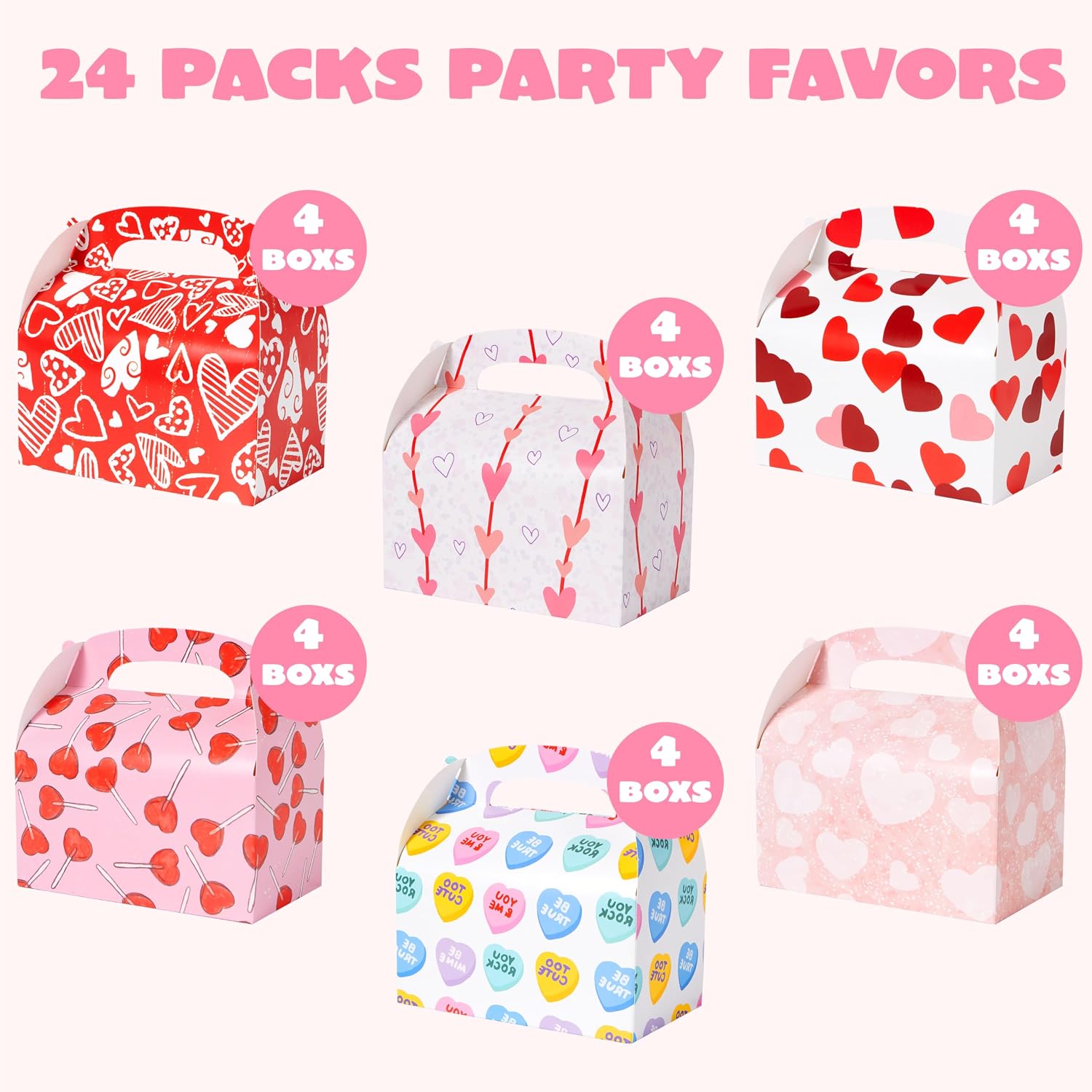 JOYIN 24 Pcs Valentine’s Day Gift Treat Boxes, Cookie Boxes with Colorful Heart shaped Design for Kids Party Favor, Classroom Exchange Prizes, Valentines Candy Boxes