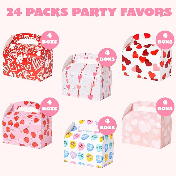 JOYIN 24 Pcs Valentines Day Gift Treat Boxes, Cookie Boxes with Colorful Heart shaped Design for Kids Party Favor, Classroom Exchange Prizes, Valentines Candy Boxes