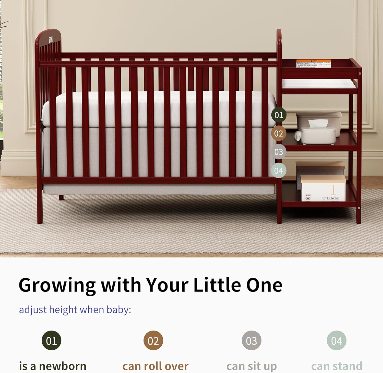 4-in-1 Convertible Baby Crib with Changing Table Combo, Wooden Full Size Nursery Crib Turns into Toddler Bed and Daybed, 4 Adjustable Heights, Non-Toxic Finishes (Cherry)