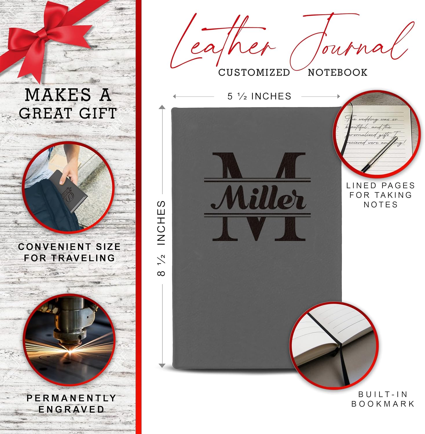 The Wedding Party Store Personalized Journal Notebook - Custom Engraved Travel Writers Gift for Women Men Kids Teachers Students (Gray)