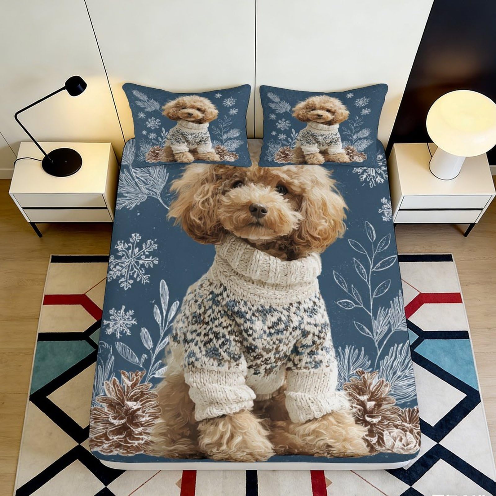 Qjzxknhpgr Style-2 3D Printed Brown Poodle Dog Fitted Sheet Microfiber Soft Blue Cartoon Animal Bed Cover For Bedroom Guest Room Decor 90X200x25cm