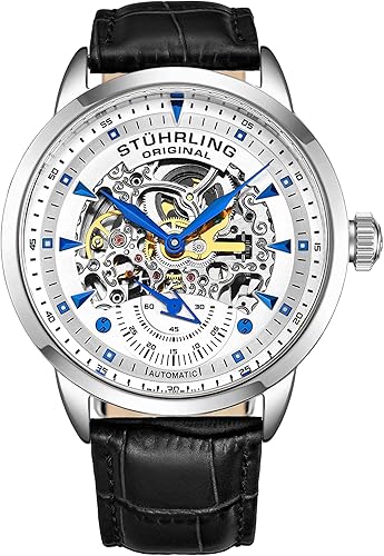 Stuhrling Original Mens Skeleton Automatic Dress Watch with Alligator Embossed Leather Strap Skeleton Dial