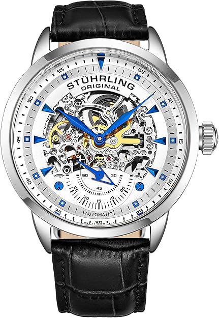 Stuhrling Original Mens Skeleton Automatic Dress Watch with Alligator Embossed Leather Strap Skeleton Dial
