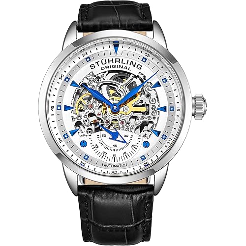 Stuhrling Original Mens Skeleton Automatic Dress Watch with Alligator Embossed Leather Strap Skeleton Dial