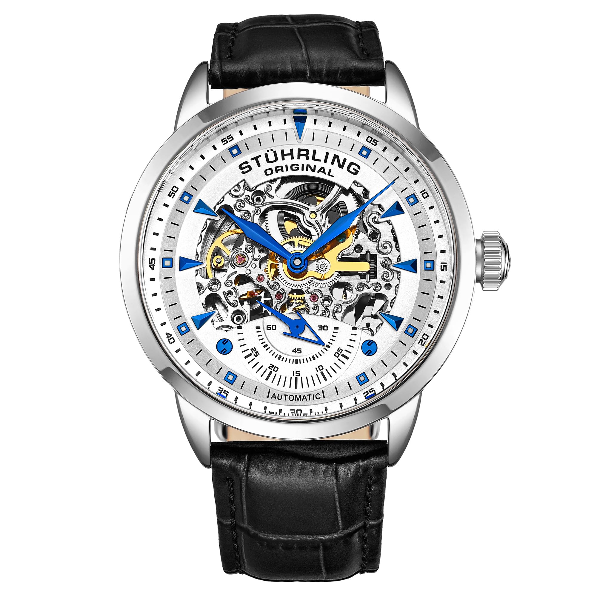 STUHRLING Original Mens Automatic Watch Skeleton Watches for Men - Black Leather Watch Strap Mechanical Watch Silver Executive Watch Collection