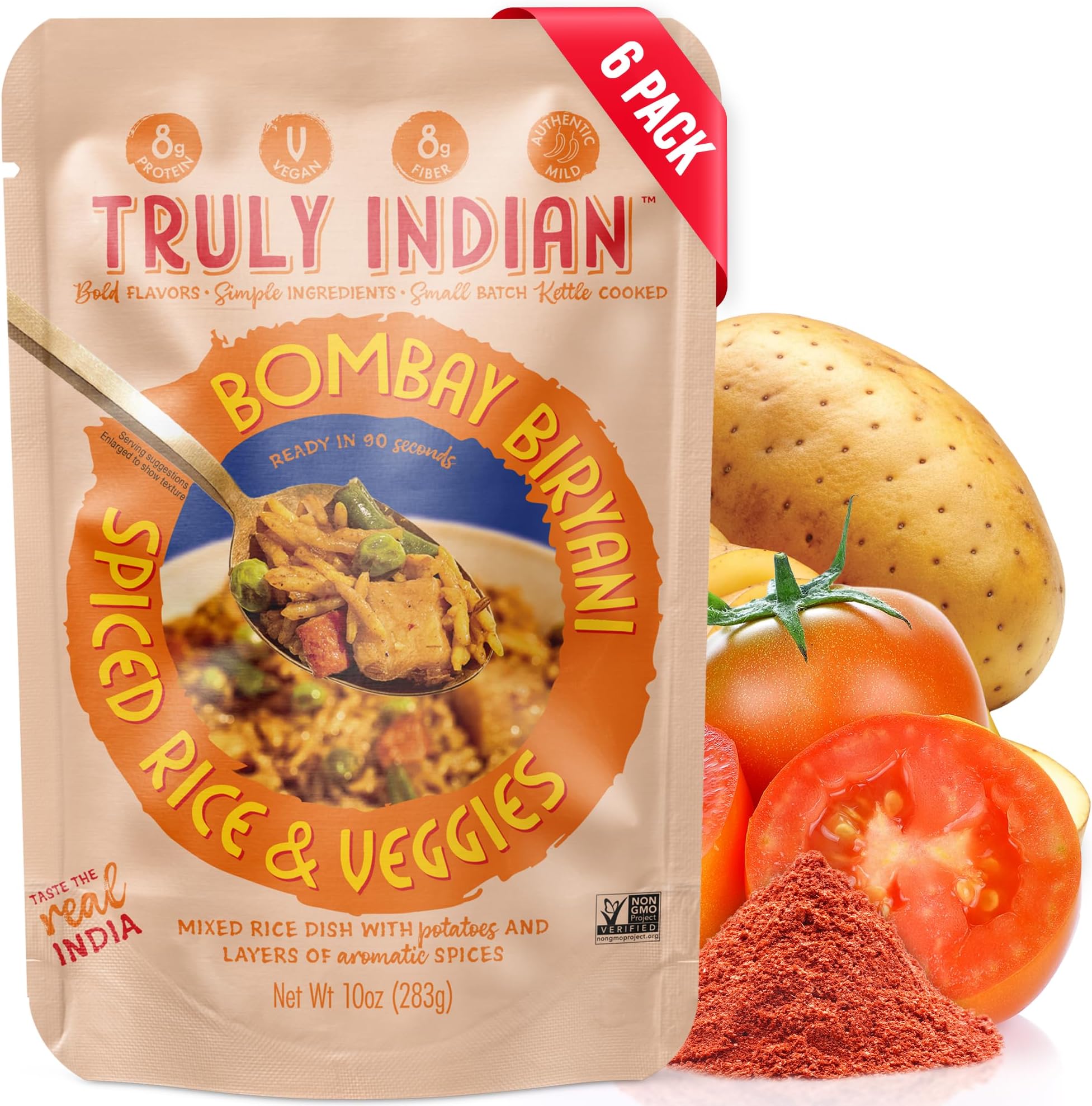 Truly Indian Bombay Biryani Rice 6-Pack | Long-Grain, Aged Basmati Rice | Authentic Traditional Indian Food, Rice Dishes Made With Locally Grown Ingredients | Ready to Eat, Vegan, Microwaveable Meal