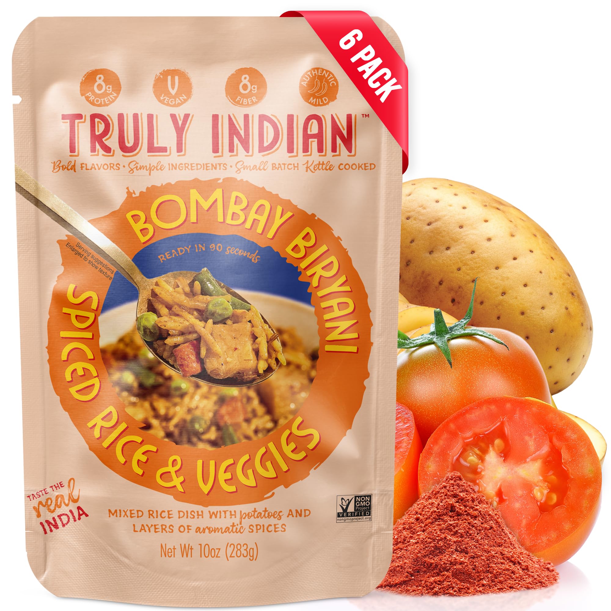 Truly Indian Bombay Biryani Rice 6-Pack | Long-Grain, Aged Basmati Rice | Authentic Traditional Indian Food, Rice Dishes Made With Locally Grown Ingredients | Ready to Eat, Vegan, Microwaveable Meal