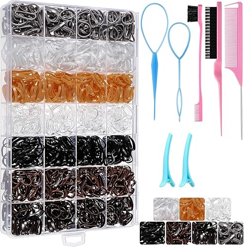 Bandas de goma de colores neutros para el cabello con 8 herramientas de peinado para el cabello, 1500 piezas elásticas para el cabello pequeñas,