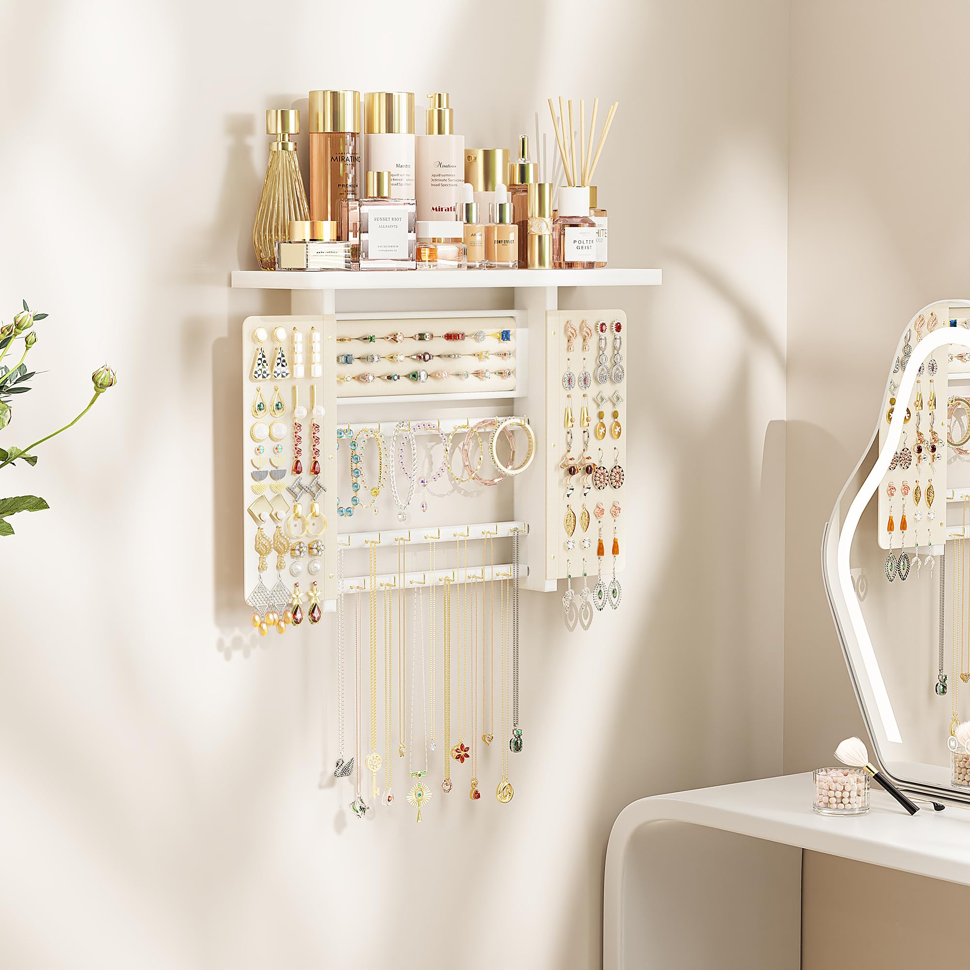 Hängender Schmuck Organizer, Wand Schmuck Organizer mit Holz Regal, Große Kapazität Schmuckständer Aufbewahrung & Display für Halsketten Armband Ohrringe Ring (Weiß)