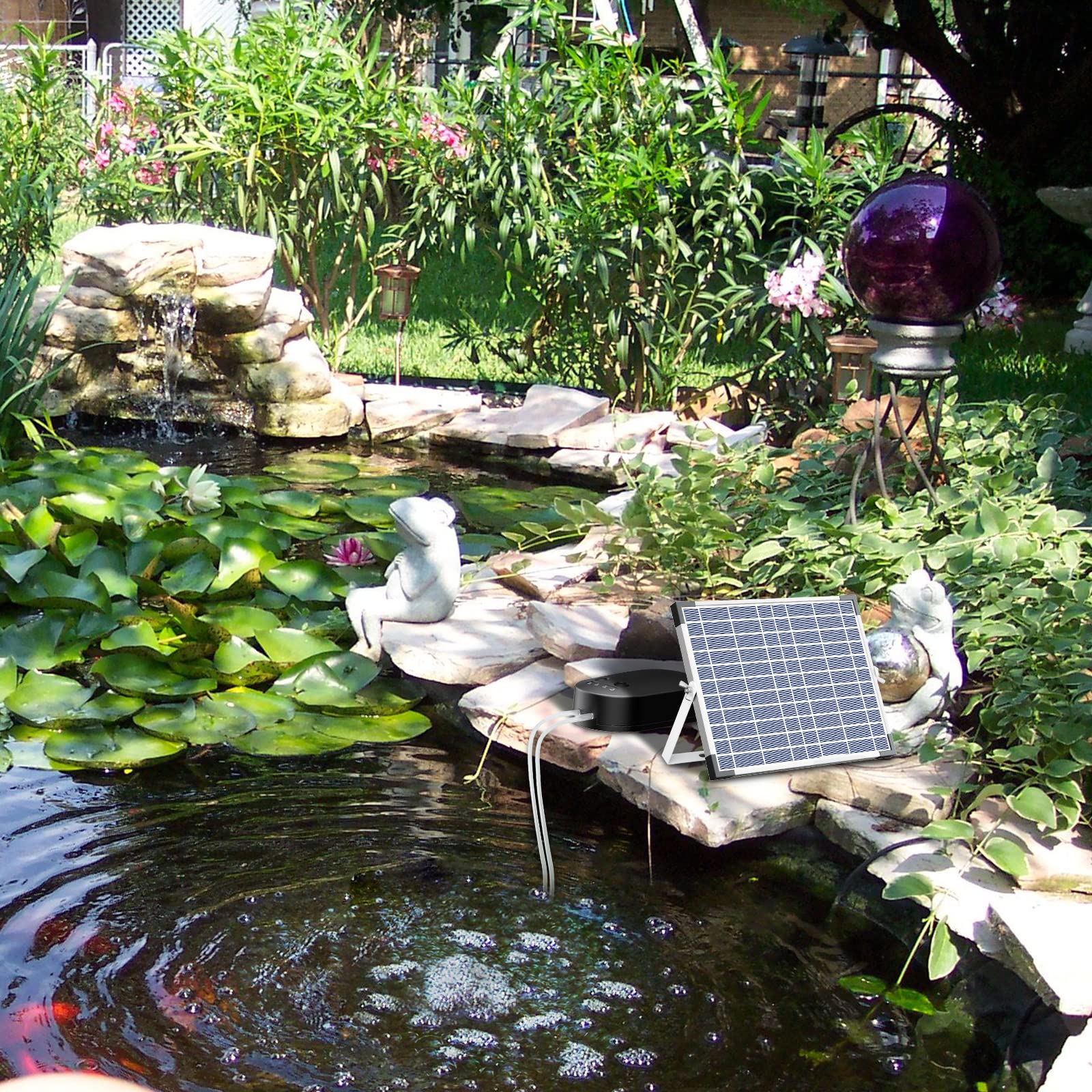 Biling Aérateur de Bassin Solaire 15W avec 4400mAh Batterie, Pompe à Air Solaire Double Sortie Fonctionne Jour et Nuit, Oxygénateur Étanche IPX5 pour Étang de Jardin, Aquarium, Bassin à Poissons