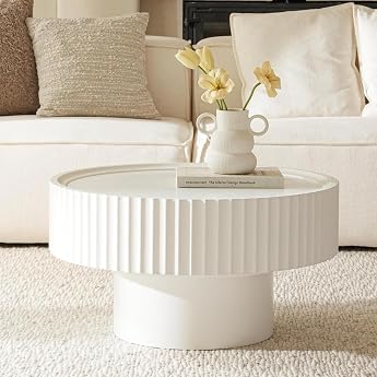 Cagnolier Round Wooden Coffee Table with Ribbed Design, Living Room Table Round in Mushroom Shape with Diameter 70 x 38 cm, R