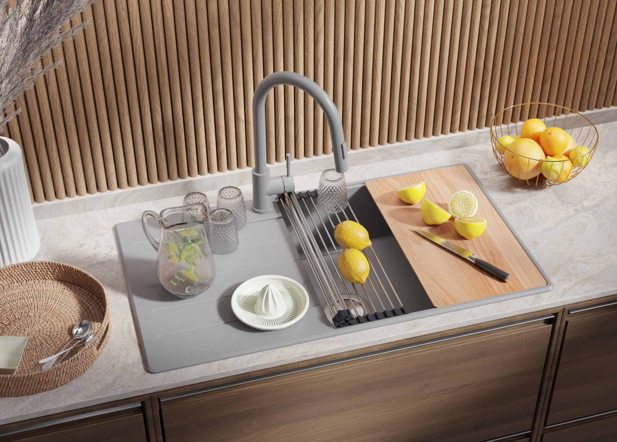 PRIMAGRAN Evier Cuisine en Granit au Meuble 60cm + Kit de Vidage, 90x50cm