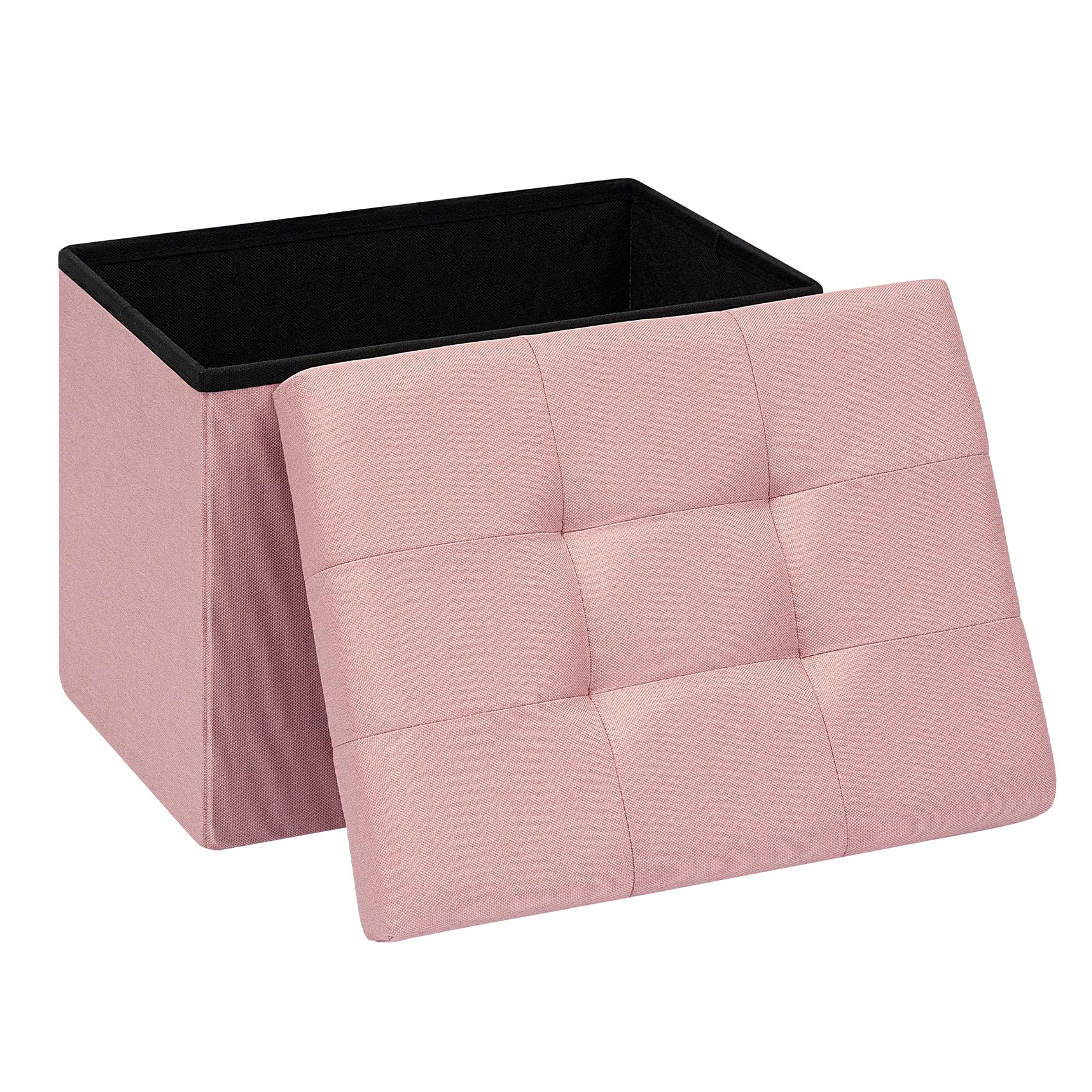 PINPLUS Ottoman Storage Box with Lid, Linen Fabric Foldable Footstool with 4 Concealed Buttons, Small Storage Chest for Living Room, Bedroom & Entryway, 42x32x32 cm, Pink
