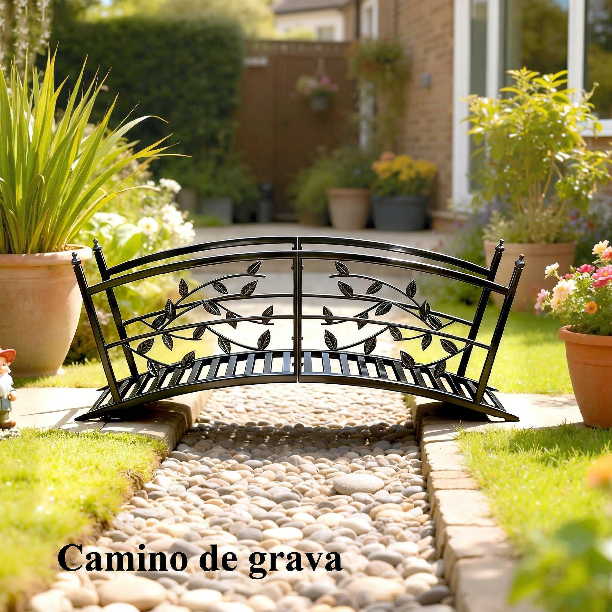 Outsunny Puente de Jardín Metálico, 1,2 m, Puente Decorativo para Estanques con Barandillas de Seguridad y Diseño de Hojas, Carga 100 kg, Construcción Resistente, Fácil Montaje, Negro