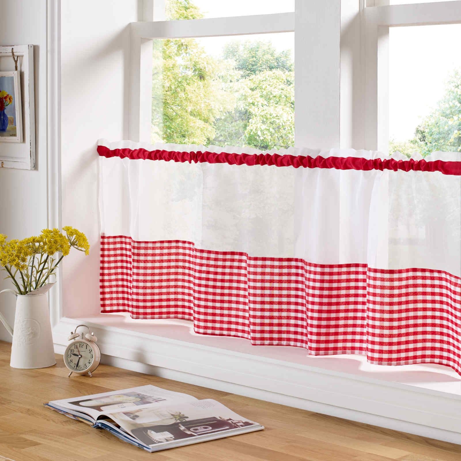 Gingham Trim Voile Café Curtain Panel, Traditional Checked Design, Sheer Kitchen Voile Curtains, Net Curtains (59" x 24", Red)