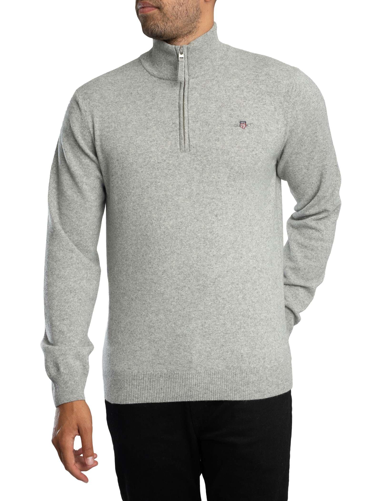 Gant Men's Grey Melange Superfine Lambswool Half Zip Pullover Sweater,