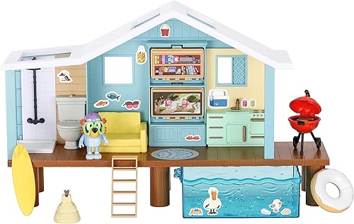 Bluey Juego de cabaña de playa, 10 pulgadas, juego personalizable para niños pequeños con 10 piezas de juego y figura con gafas de 2.5 pulgadas,